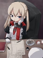 Rule 34 | 1girl, ashtray, blonde hair, blue eyes, book, capelet, chair, cigarette, cigarette butt, cigarette pack, cigarette tray, closed mouth, cross, desk, frown, gloves, graf zeppelin (kancolle), half-closed eyes, hand on own face, hat, inkwell, iron cross, jacket, kakizaki (chou neji), kantai collection, long hair, long sleeves, looking at viewer, mouth hold, necktie, office chair, paper, pen, red necktie, saucer, sidelocks, sitting, smoke, smoking, solo, swivel chair, twintails, unworn hat, unworn headwear, white gloves, white hat, white jacket
