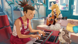 Rule 34 | 2girls, acoustic guitar, bare arms, bare shoulders, bird, blonde hair, brown hair, carole &amp; tuesday, carole stanley, chair, cheese kang, closed eyes, collared dress, couch, cushion, dark-skinned female, dark skin, day, door, dress, earclip, earrings, embroidery, fingerless gloves, flat chest, floor, flower, framed, frilled sleeves, frills, gloves, guitar, hair ornament, hair pulled back, head tilt, highres, holding, holding instrument, indoors, instrument, jewelry, keyboard (instrument), layered sleeves, lipstick, long hair, long sleeves, makeup, multiple girls, music, nail polish, neck ribbon, open mouth, orange nails, overalls, owl, photo (object), picture frame, pillow, plant, poster (object), potted plant, puffy sleeves, railing, rain, red flower, ribbon, rug, short over long sleeves, short sleeves, singing, sitting, sleeveless, stairs, star (symbol), strapless, topknot, tube top, tuesday simmons, white dress, widow&#039;s peak