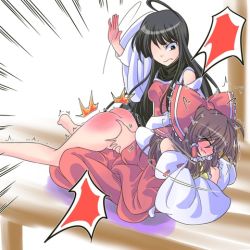 Rule 34 | 2girls, ^^^, angry, ass, bare shoulders, barefoot, black hair, blush, bow, brown hair, closed eyes, clothes lift, detached sleeves, dress, dress lift, emphasis lines, hair bow, hair tubes, hakurei reimu, japanese clothes, long hair, lowres, lying, miko, multiple girls, no panties, nontraditional miko, on stomach, otogawa, ribbon-trimmed sleeves, ribbon trim, sendai hakurei no miko, simple background, spanked, spanking, touhou, trembling, white background, white sleeves