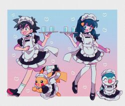 Rule 34 | 1boy, 1girl, alternate costume, apron, ash ketchum, back bow, black choker, black dress, black footwear, black hair, blue eyes, blue hair, blush stickers, bow, bright pupils, brown eyes, choker, clothed pokemon, commentary, creatures (company), crossdressing, cup, dawn (pokemon), dress, frilled choker, frilled dress, frilled headwear, frills, full body, game freak, gen 1 pokemon, gen 4 pokemon, glass, gradient background, hair ornament, hands up, happy, headband, heart, heart background, highres, holding, holding tray, kneehighs, looking to the side, maid, maid apron, maid headdress, mgomurainu, nintendo, open mouth, pikachu, piplup, pokemon, pokemon (anime), pokemon (creature), pokemon dppt (anime), puffy short sleeves, puffy sleeves, running, shoes, short hair, short sleeves, sidelocks, smile, socks, standing, sweatdrop, tray, water, white apron, white bow, white headband, white socks