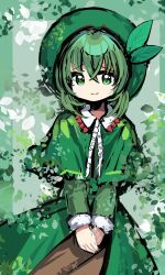Rule 34 | 1girl, anmita (rarutos), capelet, closed mouth, collared capelet, crossed bangs, dress, flat chest, green capelet, green dress, green eyes, green hair, green hat, green theme, hair between eyes, hat, leaf hat ornament, long sleeves, looking at viewer, no nose, original, seoi ha, sketch, smile, solo, touhou, touhou shizenyu