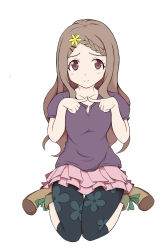Rule 34 | 10s, 1girl, aoba kokona, blush, braid, braided bangs, brown eyes, brown hair, fingers together, flower, full body, hair flower, hair ornament, hairclip, highres, index fingers together, leggings, long hair, shiratama (0417ss), shoes, simple background, sitting, skirt, smile, solo, thigh gap, wariza, white background, yama no susume