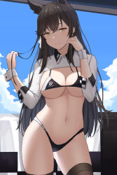 Rule 34 | 1girl, absurdres, animal ears, atago (azur lane), atago (stunning speedster) (azur lane), azur lane, bikini, black hair, black thighhighs, blue sky, breasts, brown eyes, cloud, contrapposto, cowboy shot, dog ears, extra ears, highres, large breasts, logo, long hair, looking at viewer, mole, mole under eye, murding, navel, official alternate costume, race queen, ribbon, shrug (clothing), sky, sleeve cuffs, smile, solo, standing, swept bangs, swimsuit, thighhighs, two-tone bikini, white ribbon, wrist cuffs