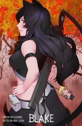 Rule 34 | 1girl, animal ears, armband, bare shoulders, belt, belt pouch, black hair, black pants, black shirt, blake belladonna, breasts, brown eyes, cat ears, character doll, character name, combination weapon, commentary, crop top, english commentary, gambol shroud, hand on own hip, less, long hair, midriff, pants, pistol sword, pouch, profile, rwby, sheath, sheathed, shirt, smile, solo, tassel, tree, watermark, web address, white belt