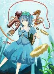 Rule 34 | 1girl, adjustable wrench, backpack, bag, blue eyes, blue hair, bracelet, bubble, dress, extra arms, gears, hair bobbles, hair ornament, hat, heisotsu (otanushi), highres, jewelry, kawashiro nitori, key, looking at viewer, machine, matching hair/eyes, mechanical arms, plant, pocket, screwdriver, shirt, short hair, short sleeves, single mechanical arm, skirt, skirt set, smile, solo, tools, touhou, twintails, two side up, underwater, weapon, wet, wet clothes, wrench