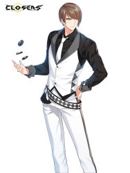 Rule 34 | 1boy, alternate hair color, belt, black shirt, blue eyes, brown hair, chulsoo kim (closers), closers, collared shirt, copyright name, croupier, dress pants, dress shirt, feet out of frame, hair over one eye, hand on own hip, highres, light smile, logo, long sleeves, looking to the side, male focus, necktie, official art, pants, poker chip, shirt, short hair, solo, standing, swept bangs, tossing, turning head, vest, waistcoat, white background, white belt, white necktie, white pants, white vest