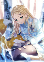 Rule 34 | 1girl, animal, artist name, black pantyhose, blonde hair, blue capelet, blue coat, blurry, blurry foreground, blush, boots, braid, brown footwear, brown gloves, capelet, coat, commentary request, day, depth of field, forehead, fox, fur-trimmed boots, fur-trimmed sleeves, fur collar, fur trim, gloves, hair ornament, hairclip, leaning forward, long hair, long sleeves, looking away, looking down, nintendo, outdoors, pantyhose, parted bangs, parted lips, pointy ears, princess zelda, rosuuri, sitting, sleeves past wrists, snow, snowflakes, solo, the legend of zelda, the legend of zelda: breath of the wild, tree, very long hair, wariza, watermark, web address