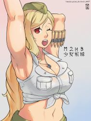 Rule 34 | 1girl, :o, ammunition, armpits, arms up, artist name, blonde hair, breasts, bullet, cleavage, clip (weapon), dog tags, dogtags, garrison cap, girls&#039; frontline, hat, highres, japanese text, large breasts, long hair, looking at viewer, m2hb (girls&#039; frontline), midriff, military, military hat, military uniform, navel, one eye closed, open mouth, red eyes, shirt, simple background, solo, stretching, threeworlds, uniform, upper body
