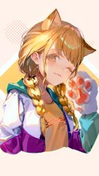 Rule 34 | 1girl, absurdres, animal ear fluff, animal ears, animal hands, blonde hair, braid, cat ears, cat girl, cat paws, fujita kotone, gakuen idolmaster, highres, idolmaster, jacket, long hair, looking at viewer, multicolored clothes, multicolored jacket, one eye closed, open clothes, open jacket, sainome (imveryfinethx), shirt, solo, twin braids, upper body, yellow eyes, yellow shirt