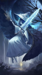 Rule 34 | 1girl, bare tree, blue hair, blue skin, cloak, closed mouth, colored skin, dinhosaur, dress, elden ring, extra arms, extra faces, floating, from side, full moon, fur cloak, highres, holding, holding sword, holding weapon, long sleeves, moon, moonlight greatsword, profile, ranni the witch, site of grace, solo, sword, tree, two-handed, weapon, white dress, wide sleeves