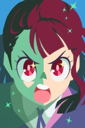 Rule 34 | &gt;:o, 10s, 1girl, :o, blunt bangs, brown hair, flat color, frown, galou, kagari atsuko, little witch academia, looking at viewer, open mouth, portrait, red eyes, round teeth, solo, sparkle, teeth, v-shaped eyebrows