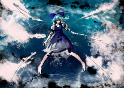 Rule 34 | 1girl, aqua hair, bad id, bad pixiv id, blue bow, blue dress, blue eyes, blue hair, bow, cirno, dress, embodiment of scarlet devil, flying, full body, hair bow, large bow, matching hair/eyes, miatsushi, puffy short sleeves, puffy sleeves, short hair, short sleeves, solo, touhou, wings