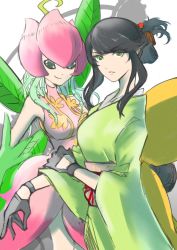 Rule 34 | 2girls, absurdres, digimon, digimon (creature), fairy, gloves, green eyes, highres, japanese clothes, kimono, lilimon, multiple girls, plant, smile