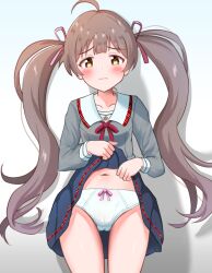Rule 34 | ahoge, asukazin, black skirt, blush, brown hair, closed mouth, clothes lift, collar, collarbone, commentary, cowboy shot, dot nose, embarrassed, eyelashes, gradient background, grey serafuku, grey shirt, hair ribbon, hakozaki serika, holding, holding clothes, holding skirt, idolmaster, idolmaster million live!, idolmaster million live! theater days, junior high schoolmate (idolmaster), lifting own clothes, lone nape hair, long hair, long sleeves, looking at viewer, navel, neck ribbon, official alternate costume, panties, plaid collar, pleated skirt, red ribbon, ribbon, ribbon panties, school uniform, serafuku, shadow, shirt, shy, sidelocks, skirt, skirt lift, straight-on, twintails, underwear, very long hair, wavy hair, wavy mouth, white collar, white panties, yellow eyes