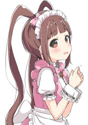 Rule 34 | 1girl, apron, blush, bow, bowtie, breasts, brown hair, character name, dot nose, dress, fidgeting, frilled dress, frills, hair bow, hair ribbon, hands up, idolmaster, idolmaster million live!, idolmaster million live! theater days, kuresuku (lessons), looking at viewer, matsuda arisa, medium breasts, motion lines, open mouth, pink bow, pink bowtie, pink dress, pink ribbon, pretty waitress (idolmaster), ribbon, shirt, short sleeves, simple background, sleeveless, sleeveless dress, solo, twintails, upper body, waist apron, waist bow, white apron, white background, white bow, white headdress, white shirt, white wrist cuffs, wrist cuffs