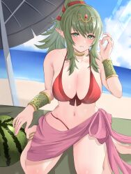 Rule 34 | 1girl, absurdres, adjusting hair, anklet, beach, beach umbrella, bikini, bracelet, breasts, fire emblem, fire emblem awakening, fire emblem heroes, gold choker, green eyes, green hair, hair ribbon, high ponytail, highres, jewelry, large breasts, looking at viewer, nintendo, official alternate costume, outdoors, parted lips, peli cantaro, pink scarf, pointy ears, ponytail, red bikini, red ribbon, ribbon, scarf, seiza, sitting, smile, solo, swimsuit, teeth, tiara, tiki (adult) (fire emblem), tiki (adult) (summer) (fire emblem), tiki (fire emblem), umbrella, watermark