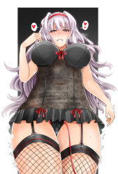 Rule 34 | 1girl, bad id, bad pixiv id, black panties, black thighhighs, breasts, bustier, fishnet thighhighs, fishnets, frills, garter straps, hairband, heart, idolmaster, idolmaster (classic), inu (marukome), large breasts, light purple hair, lingerie, long hair, panties, red eyes, revision, sex toy, shijou takane, skirt, solo, spoken heart, teddy (lingerie), thighhighs, trembling, underwear, very long hair, vibrator, vibrator under clothes, vibrator under panties