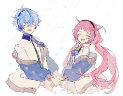 Rule 34 | &gt; &lt;, 1boy, 1girl, :d, ^ ^, bacheally, bare shoulders, blue hair, blue jacket, blue necktie, blush, cacalianz, calin (cacalianz), closed eyes, collared shirt, cropped torso, facing viewer, hair between eyes, hairband, hetero, highres, holding hands, jacket, lian (cacalianz), long hair, long sleeves, low twintails, necktie, off shoulder, open clothes, open jacket, open mouth, pink hair, shirt, short hair, simple background, sleeveless, smile, teeth, turtleneck, turtleneck jacket, twintails, upper body, very long hair, virtual youtuber, white background, white jacket, white shirt, xd