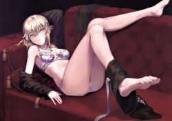Rule 34 | 1girl, absurdres, artoria pendragon (all), artoria pendragon (fate), ass, bare shoulders, barefoot, bra, breasts, unworn clothes, couch, fate/grand order, fate (series), highres, jewelry, lingerie, looking at viewer, lying, mashuu (neko no oyashiro), medium breasts, necklace, official alternate costume, on back, pale skin, panties, parted lips, pillow, saber alter, saber alter (ver. shinjuku 1999) (fate), scan, solo, thighs, toenails, toes, underwear, white hair, yellow eyes