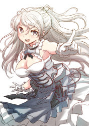 Rule 34 | 1girl, breasts, brown eyes, cleavage, conte di cavour (kancolle), conte di cavour nuovo (kancolle), dress, fuji (pixiv24804665), gloves, highres, kantai collection, large breasts, layered dress, long hair, open mouth, silver hair, simple background, smile, solo, teeth, two-tone dress, upper teeth only, white background, white dress, white gloves