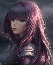Rule 34 | 1girl, armor, artist name, chuby mi, closed mouth, day, expressionless, eyelashes, face, fate/grand order, fate (series), half-closed eyes, lips, long hair, looking away, looking to the side, nose, pauldrons, purple hair, red eyes, scathach (fate), shoulder armor, shoulder pads, solo, sunlight