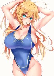 Rule 34 | 1girl, absurdres, ahoge, armpits, artoria pendragon (fate), artoria pendragon (lancer) (fate), bare shoulders, blue one-piece swimsuit, blush, breasts, cleavage, closed mouth, collarbone, commentary request, competition swimsuit, covered navel, fate/grand order, fate (series), green eyes, hair between eyes, hands in hair, highleg, highleg swimsuit, highres, large breasts, long hair, looking at viewer, mouth hold, one-piece swimsuit, sankakusui, sidelocks, simple background, smile, solo, swimsuit, tying hair, white background