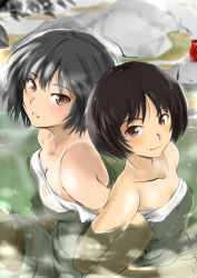 Rule 34 | 2girls, amagami, bare shoulders, bathing, black hair, blush, bob cut, brown eyes, brown hair, commentary, from above, light smile, locked arms, looking at viewer, multiple girls, murasaki iro, naked towel, nanasaki ai, onsen, parted lips, rock, same-sex bathing, shared bathing, short hair, smile, tachibana miya, tan, tanline, towel, water