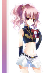Rule 34 | 00s, 1girl, anya alstreim, arm at side, belt, black gloves, code geass, cowboy shot, elbow gloves, expressionless, female focus, flat chest, gloves, hair ornament, long hair, looking at viewer, midriff, navel, pink eyes, pink hair, ponytail, red eyes, shorts, sleeveless, solo, stomach, suzushiro kurumi, white background, white shorts