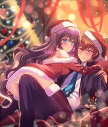 Rule 34 | 1boy, 1girl, a-chan senpai, all fours, alternate costume, black jacket, black pants, black thighhighs, blazer, blue eyes, blue necktie, blurry, blurry background, blush, brown hair, christmas, christmas ornaments, christmas tree, closed mouth, commentary, convenient leg, couple, dress, embarrassed, eyelashes, floral print, frown, fur-trimmed dress, fur trim, girl on top, hair between eyes, hat, hetero, highres, hug, indoors, jacket, knee up, little busters!, little busters! school uniform, long hair, long ribbon, long sleeves, looking at another, looking to the side, lying, miiizuno lbs, natsume kyousuke, necktie, off-shoulder dress, off shoulder, on back, open clothes, open jacket, panties, pants, pantyshot, parted lips, purple hair, red eyes, red ribbon, ribbon, santa dress, santa hat, school uniform, shirt, short dress, short hair, single bare shoulder, sparkle, sweat, thighhighs, underwear, upturned eyes, very long hair, wavy hair, white panties, white shirt