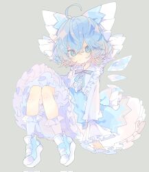 Rule 34 | 1girl, ahoge, alternate costume, blue bow, blue dress, blue eyes, blue footwear, blue hair, blush, bow, cirno, closed mouth, corrupted twitter file, detached wings, dress, fairy, frilled sleeves, frills, full body, grey background, hair between eyes, hair bow, highres, ice, ice wings, kneehighs, long sleeves, looking at viewer, nikorashi-ka, shoes, short hair, simple background, socks, solo, touhou, white socks, wings