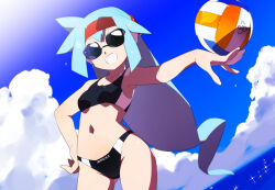 Rule 34 | 1girl, alternate costume, alternate hairstyle, ashe (mega man), ball, bikini, black bikini, blue hair, breasts, cloud, commentary request, commission, green eyes, holding, holding ball, kaidou zx, long hair, mega man (series), mega man zx, mega man zx advent, navel, ocean, open clothes, open fly, pixiv commission, short hair, sky, small breasts, sports bikini, sunglasses, swimsuit, swimsuit under clothes, variant set, volleyball (object), water