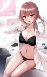 Rule 34 | 1girl, ahoge, black bra, black panties, blurry, blurry background, blush, bra, breasts, cleavage, collarbone, hair between eyes, highres, indoors, large breasts, long hair, long sleeves, looking at viewer, mole, mole on breast, navel, on bed, open clothes, open mouth, open shirt, original, panties, red eyes, red hair, shirt, sitting, solo, sweat, take (trude1945oneetyan), thighs, underwear, white shirt
