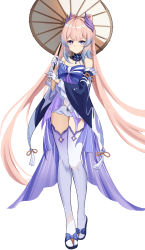 Rule 34 | 1girl, absurdres, bare shoulders, commentary, czk, detached collar, dress, full body, genshin impact, gloves, highres, holding, holding umbrella, long hair, long sleeves, looking at viewer, off-shoulder dress, off shoulder, oil-paper umbrella, pink hair, purple eyes, sandals, sangonomiya kokomi, simple background, smile, solo, standing, thighhighs, umbrella, very long hair, white background, white gloves, white thighhighs, wide sleeves, zettai ryouiki