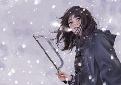 Rule 34 | 1girl, adabana, black eyes, black hair, blood, blood on face, blood on hands, breath, coat, crying, hacksaw, highres, holding, medium hair, mole, mole under eye, non (mangaka), official art, overcast, saw, sky, snow, solo, streaming tears, tears, upper body, winter clothes, winter coat