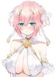 Rule 34 | 1girl, arm cuffs, blue eyes, blush, braid, braided hair rings, breasts, cleavage, commentary, embarrassed, eyelashes, hair between eyes, hair ornament, hair rings, halterneck, highres, large breasts, leaf hair ornament, looking down, open mouth, pink hair, princess connect!, short hair, side braids, simple background, sleeveless, solo, sweat, sweatdrop, tareme, upper body, white background, yui (ceremonial) (princess connect!), yui (princess connect!), yupi (yuyupiko01)