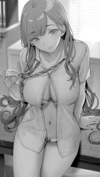 Rule 34 | 1girl, absurdres, blush, breasts, cleavage, closed mouth, collared shirt, commentary request, gentsuki, greyscale, hair ornament, hairclip, highres, large breasts, long hair, looking at viewer, monochrome, navel, original, panties, shirt, short sleeves, smile, solo, thighs, underwear