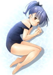 Rule 34 | 1girl, bare arms, bare legs, bare shoulders, barefoot, black bow, blue hair, blue one-piece swimsuit, bow, brown eyes, closed mouth, commentary request, full body, hair bow, hands up, high ponytail, highres, lying, old school swimsuit, on side, one-piece swimsuit, original, ponytail, school swimsuit, shibacha, smile, solo, strap slip, swimsuit