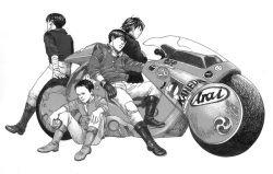 Rule 34 | 1980s (style), 4boys, 914kana, akira (manga), arai (company), bad id, bad pixiv id, biker clothes, boots, company name, elf (company), gloves, goggles, goggles around neck, greyscale, kai (akira), kaneda shoutarou (akira), knee pads, male focus, monochrome, motor vehicle, motorcycle, multiple boys, oldschool, on floor, retro artstyle, shima tetsuo, simple background, sitting, smiley face, vehicle, white background, yamagata, yamagata (akira)