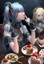 Rule 34 | 2girls, artist name, blonde hair, blue eyes, blue hair, blue nails, buttons, cake, checkerboard cookie, clothing cutout, cookie, dessert, eating, eyelashes, fingernails, food, food on face, fork, frilled jacket, frills, fruit, fruit tart, hair ornament, hairclip, hatsune miku, heart button, highres, jacket, kagamine rin, knife, lace, licking, licking finger, long fingernails, long hair, looking at viewer, multiple girls, nail polish, oohhya, plate, shoulder cutout, sitting, spoon, star (sky), strawberry, strawberry shortcake, strawberry tart, sweets, swept bangs, table, tart (food), thumbprint cookie, tongue, tongue out, twintails, utensil in mouth, vocaloid