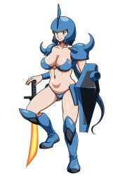 Rule 34 | 10s, 1girl, armor, artist request, bikini, bikini armor, blue bikini, blue hair, blush, boots, breasts, cleavage, full body, gouf, gouf lady, green eyes, gundam, gundam build fighters, gundam msv, heat sword, highres, iori rinko, large breasts, long hair, looking at viewer, mature female, mecha musume, navel, o-ring, o-ring top, ponytail, shield, shiny skin, simple background, smile, solo, spikes, swimsuit, sword, weapon, white background