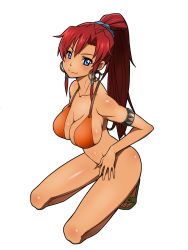 Rule 34 | 10s, 1girl, arm strap, bare shoulders, bellows (suisei no gargantia), bikini, bikini top only, blue eyes, blush, breasts, cleavage, closed mouth, dark-skinned female, dark skin, don (rg06268), earrings, feet, female focus, full body, groin, hand on own thigh, happy, high ponytail, highres, hoop earrings, ice place, jewelry, kneeling, large breasts, legs, long hair, looking at viewer, ponytail, red bikini, red hair, sandals, simple background, smile, solo, suisei no gargantia, swimsuit, thighs, thong, toes, white background