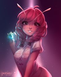 Rule 34 | 1girl, absurdres, antennae, artist name, bottle, braid, breasts, brown eyes, covered erect nipples, highres, holding, holding bottle, large breasts, light particles, medium hair, multicolored background, original, potion, red hair, shirt, short sleeves, smile, starli (starlianechan), teeth, twin braids, watermark, wet, wet clothes, wet shirt