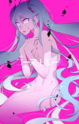 Rule 34 | 1girl, absurdres, aooni, aqua eyes, aqua hair, bad id, bad pixiv id, hatsune miku, highres, long hair, nail polish, navel, nude, open mouth, pink background, sitting, solo, twintails, very long hair, vocaloid