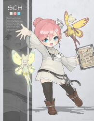 Rule 34 | 1girl, absurdres, black thighhighs, blue eyes, blush, book, capelet, earrings, english text, eos (ff14), eyebrows hidden by hair, fairy, final fantasy, final fantasy xiv, flat chest, flower, full body, grimoire, hair between eyes, hair bun, hair flower, hair ornament, highres, holding, holding book, jewelry, lalafell, leaning to the side, multiple views, open mouth, pink hair, pointy ears, puluie, scholar (final fantasy), selene (ff14), shadow, simple background, standing, standing on one leg, thighhighs, warrior of light (ff14), white capelet, white flower, white tunic, wide sleeves