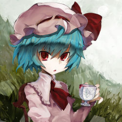 Rule 34 | 1girl, :o, ascot, blood, blue hair, blush, chair, cup, fang, female focus, gond, hage, hat, looking at viewer, open mouth, pinky out, portrait, red eyes, remilia scarlet, short hair, short sleeves, sitting, solo, touhou, tsurime, upper body