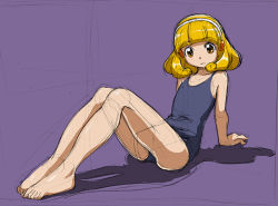 Rule 34 | 10s, 1girl, arm support, barefoot, blonde hair, blue one-piece swimsuit, from side, full body, hairband, kise yayoi, looking at viewer, looking to the side, one-piece swimsuit, precure, purple background, rohitsuka, short hair, simple background, sitting, sketch, smile precure!, solo, swimsuit, white hairband, yellow eyes