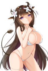 Rule 34 | 1girl, absurdres, animal ears, azur lane, bad id, bad pixiv id, bare arms, bare shoulders, bikini, blunt bangs, blush, breasts, brown hair, catnnn, cleavage, closed mouth, collarbone, commentary request, contrapposto, cow, cow ears, cow horns, cowboy shot, criss-cross halter, flower, hair flower, hair ornament, hair ribbon, halterneck, hand up, highres, horns, huge breasts, kashino (azur lane), kashino (hot springs relaxation) (azur lane), large breasts, long hair, looking at viewer, multi-strapped bikini bottom, navel, purple eyes, ribbon, simple background, skindentation, smile, solo, stomach, swimsuit, tail, thighs, very long hair, white background, white bikini, white flower, white ribbon