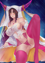 Rule 34 | 1girl, absurdres, bare shoulders, blush, breasts, brown hair, cameltoe, curvy, demon, demon girl, fate/extra ccc, fate/grand order, fate (series), forehead mark, highres, horns, huge breasts, kumasang, leg up, legs, lips, long hair, long legs, looking at viewer, navel, nun, parted lips, presenting, revealing clothes, sessyoin kiara, smile, solo, space, spread legs, thighhighs, thighs, wide hips, yellow eyes