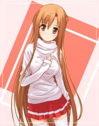 Rule 34 | 10s, 1girl, asuna (sao), brown eyes, brown hair, hand on own chest, ichikawa noa, long hair, looking at viewer, skirt, smile, solo, sweater, sword art online, thighhighs, very long hair, white thighhighs