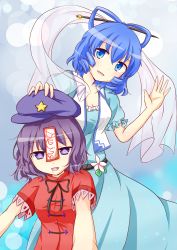 Rule 34 | 2girls, :d, blue hair, drooling, fang, hand on another&#039;s hat, hat, highres, jiangshi, kaku seiga, miyako yoshika, multiple girls, ofuda, open mouth, outstretched arms, puchimirin, puffy short sleeves, puffy sleeves, purple eyes, purple hair, see-through, short hair, short sleeves, smile, touhou, zombie pose